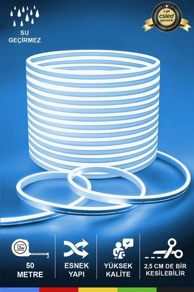 CSled  12V İç ve Dış Mekan Buz Mavisi Neon LED – 50 Metre Esnek Silikon Neon  (2.5 Cm’de Bir Kesilebilir)