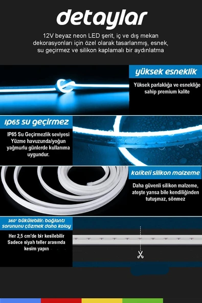 CSled  12V İç ve Dış Mekan Buz Mavisi Neon LED – 50 Metre Esnek Silikon Neon  (2.5 Cm’de Bir Kesilebilir) - 2