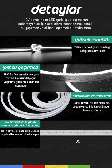 CSled  12V İç ve Dış Mekan Beyaz Neon LED Şerit – 5 Metre Esnek Silikon Neon  (2.5 Cm’de Bir Kesilebilir) - 2