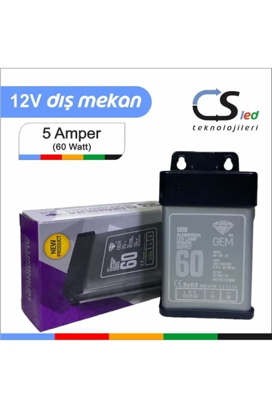 GEMPAYA  12 Volt 5 Amper Metal Kasa Yağmur Geçirmez Dış (yarı) Mekan Adaptör