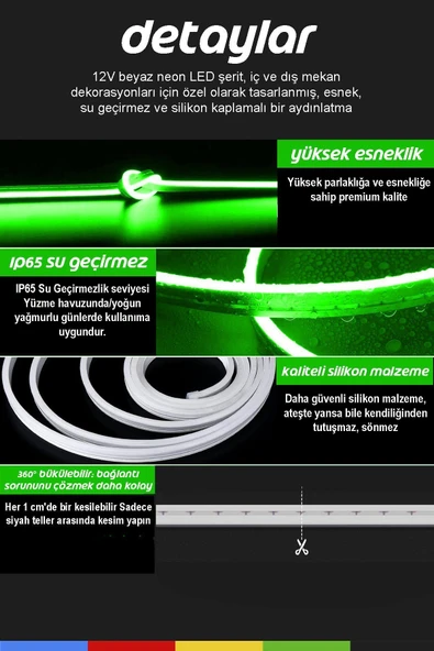 CSled  12V İç ve Dış Mekan Yeşil Neon LED Şerit – 5 Metre Esnek Silikon Neon  (1 cm’de Bir Kesilebilir) - 2