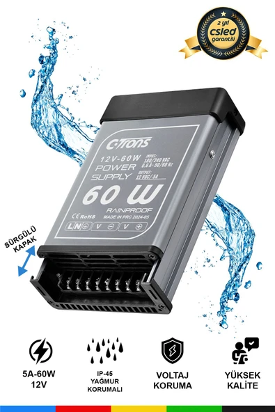 Ctrons  IP45 Yağmur Korumalı 12V 5A Güç Kaynağı, 60W LED Sürücü AC/DC Trafo Dönüştürücü