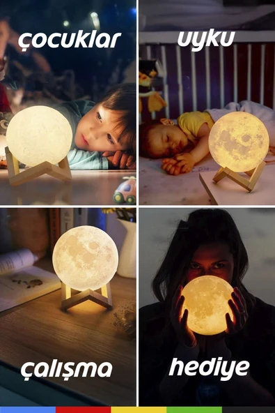 CSled  3D Ay Gece Lambası – 36 cm, Ahşap Standlı, Dekoratif & Loş LED Aydınlatma - 3