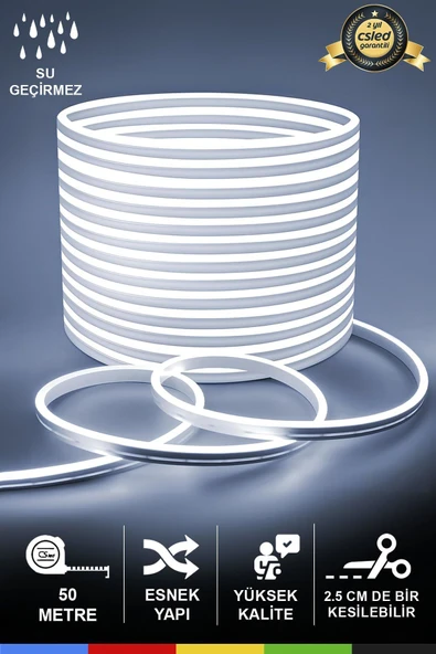 CSled  12V İç ve Dış Mekan Beyaz Neon LED Şerit – 50 Metre Esnek Silikon Neon  (2.5 Cm’de Bir Kesilebilir)