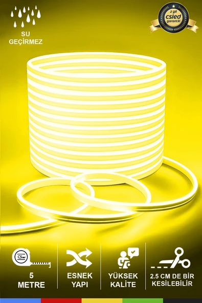 CSled  12V İç ve Dış Mekan Sarı Neon LED Şerit – 50 Metre Esnek Silikon Neon  (1 cm’de Bir Kesilebilir)