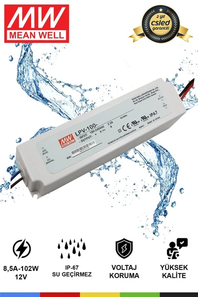 CSled  Meanwell LPV-100-12| 12V 8.5A 102W IP67 LED Sürücü Güç Kaynağı Transformatörü LED Trafo