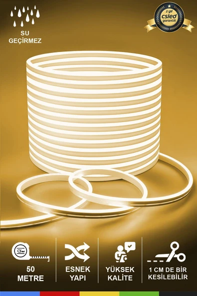 CSled  12V İç ve Dış Mekan Gün Işığı Neon LED – 50 Metre Esnek Silikon Neon  (1 cm’de Bir Kesilebilir)