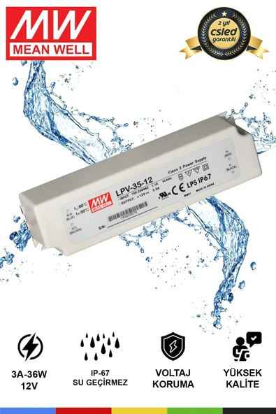 CSled  MeanWell LPV-35-12 | 12V 3A 36W IP67 LED Sürücü Güç Kaynağı Transformatörü LED Trafo