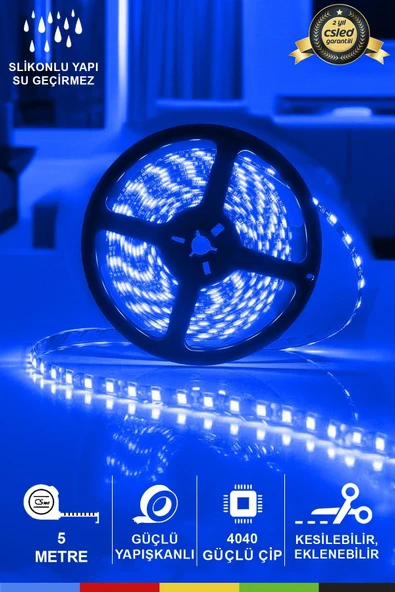 CSled  12V İç Mekan M/60 4040 Mavi LED Şerit – 5 Metre, Kesilebilir ve Eklenebilir