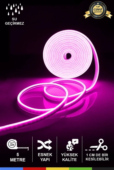 CSled  12V İç ve Dış Mekan Pembe Neon LED Şerit – 5 Metre Esnek Silikon Neon  (1 cm’de Bir Kesilebilir)
