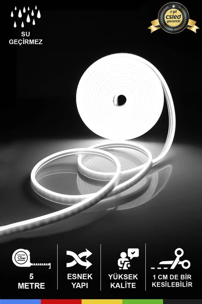 CSled  12V İç ve Dış Mekan Beyaz Neon LED Şerit – 5 Metre Esnek Silikon Neon  (2.5 Cm’de Bir Kesilebilir) - 1