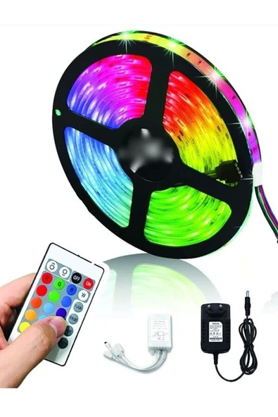 LEDSTRİP  LED STRIP Renkli Şerit LED Rgb İç Ve Dış Mekan 5 Metre Set Tak Çalıştır 16 Renk Adaptörlü Kumandalı