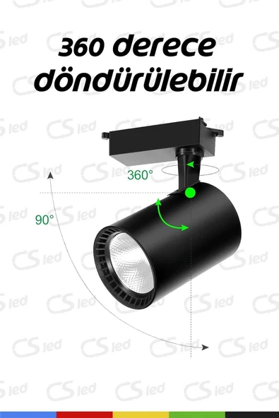 CSled  Siyah Kasa ve Beyaz 30W Led Ray Spot – 360° Döner Başlıklı Raylı Armatür - 2