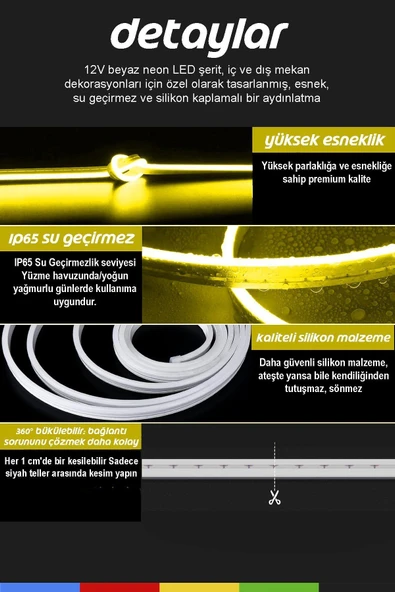 CSled  12V İç ve Dış Mekan Sarı Neon LED Şerit – 50 Metre Esnek Silikon Neon  (1 cm’de Bir Kesilebilir) - 2