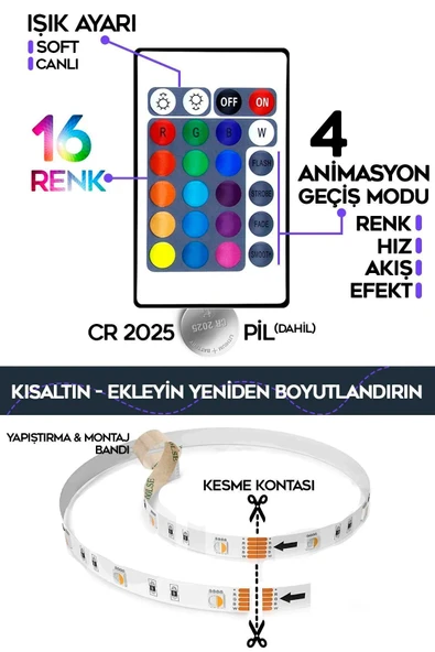CSled  5 Metre Animasyonlu RGB Şerit LED - Tak Çalıştır, Kumandalı, Trafolu Aydınlatma - Parti - Dekorasyon - 6