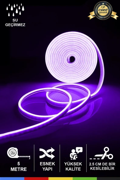 CSled  12V İç ve Dış Mekan Mor Neon LED Şerit – 5 Metre Esnek Silikon Neon  (2.5 Cm’de Bir Kesilebilir)