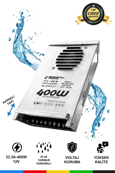 Ctrons  IP45 12V 33.3A Yağmur Korumalı Epoksili Demir Kasa Güç Kaynağı – 400W LED Sürücü AC/DC Trafo