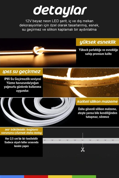 CSled  12V İç ve Dış Mekan Gün Işığı Neon LED – 5 Metre Esnek Silikon Neon  (2.5 Cm’de Bir Kesilebilir) - 2
