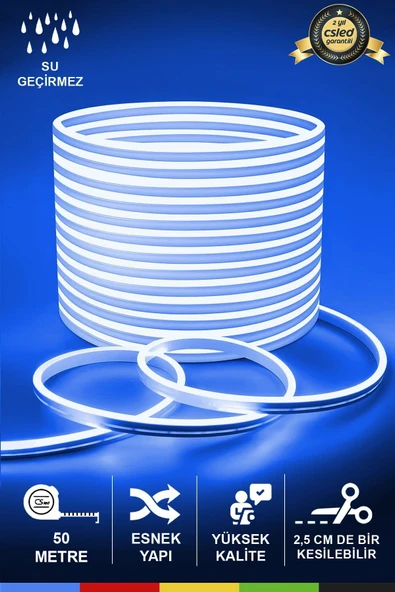 CSled  12V İç ve Dış Mekan Mavi Neon LED Şerit – 50 Metre Esnek Silikon Neon  (2.5 Cm’de Bir Kesilebilir)