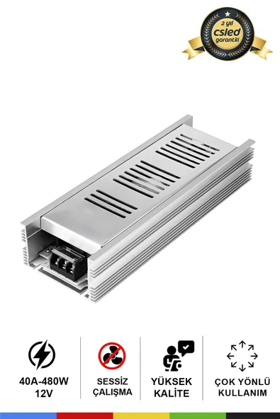 CSled  12V 40Amper 480 Watt Metal Dar Kasa Fansız Adaptör – Sessiz ve Güçlü Güç Kaynağı