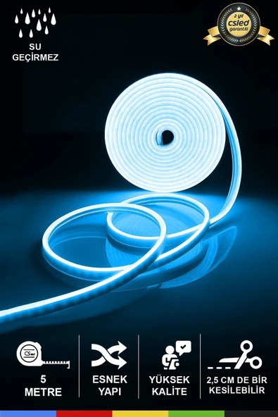 CSled  12V İç ve Dış Mekan Buz Mavisi Neon LED – 5 Metre Esnek Silikon Neon  (2.5 Cm’de Bir Kesilebilir)
