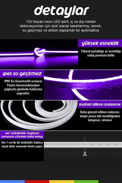 CSled  12V İç ve Dış Mekan Mor Neon LED Şerit – 50 Metre Esnek Silikon Neon Işık, (1 cm’de Bir Kesilebilir) - 2