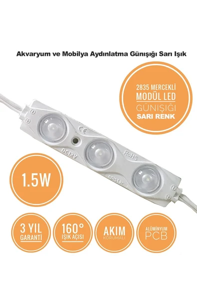 inox  Akvaryum Modül Led Aydınlatma Günışığı Sarı Işık Anahtarlı 5'li - 3