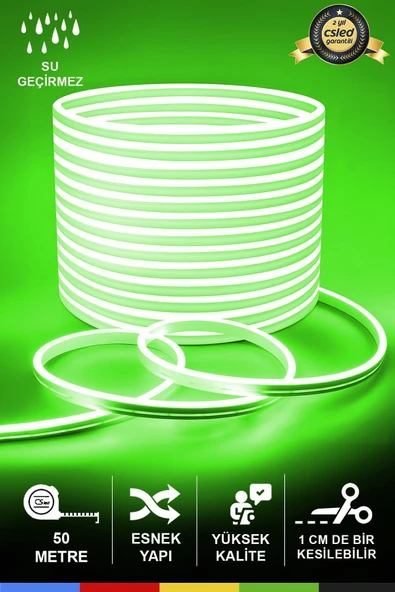 CSled  12V İç ve Dış Mekan Yeşil Neon LED Şerit – 50 Metre Esnek Silikon Neon  (1 cm’de Bir Kesilebilir)