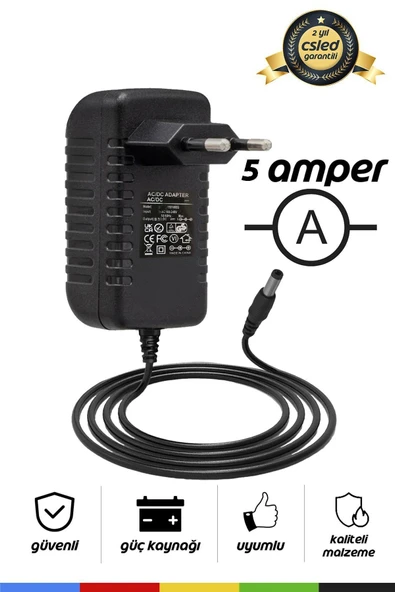 CSled  12V 5A Priz Tipi Adaptör – 5.5x2.5 mm Uçlu, Plastik Kasa, Güvenilir Güç Kaynağı