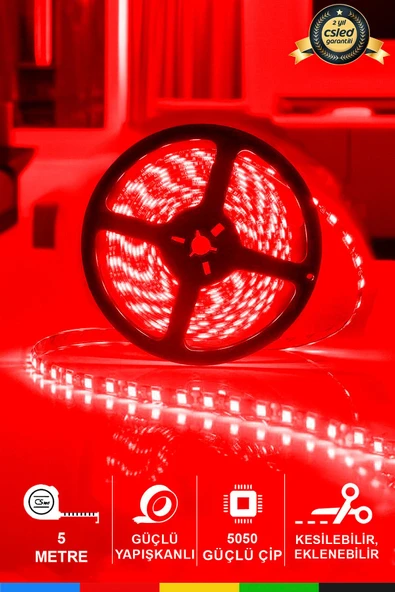 CSled  12V İç Mekan M/60 5050 Kırmızı LED Şerit – 5 Metre, Kesilebilir ve Eklenebilir
