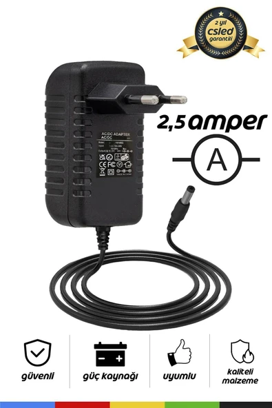 CSled  12V 2.5A Priz Tipi Adaptör – 5.5x2.5 mm Uçlu, Plastik Kasa, Güvenilir Güç Kaynağı
