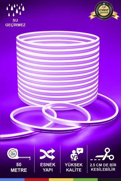 CSled  12V İç ve Dış Mekan Mor Neon LED Şerit – 50 Metre Esnek Silikon Neon  (2.5 Cm’de Bir Kesilebilir)