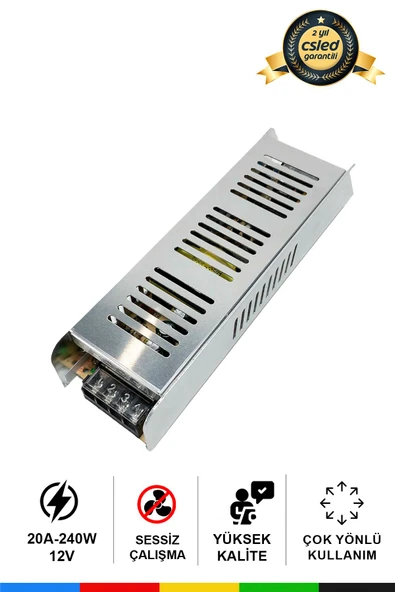 CSled  12V 20 Amper 240 Watt Metal Dar Kasa Fansız Adaptör – Sessiz ve Güçlü Güç Kaynağı