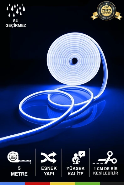 CSled  12V İç ve Dış Mekan Mavi Neon LED Şerit – 5 Metre Esnek Silikon Neon Işık, (1 cm’de Bir Kesilebilir)