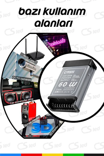Ctrons  IP45 Yağmur Korumalı 12V 5A Güç Kaynağı, 60W LED Sürücü AC/DC Trafo Dönüştürücü - 4