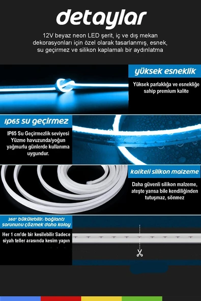 CSled  12V İç ve Dış Mekan Buz Mavisi Neon LED – 5 Metre Esnek Silikon Neon  (1 cm’de Bir Kesilebilir) - 2