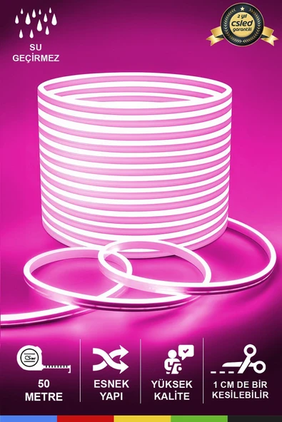 CSled  12V İç ve Dış Mekan Pembe Neon LED Şerit – 50 Metre Esnek Silikon Neon  (1 cm’de Bir Kesilebilir)