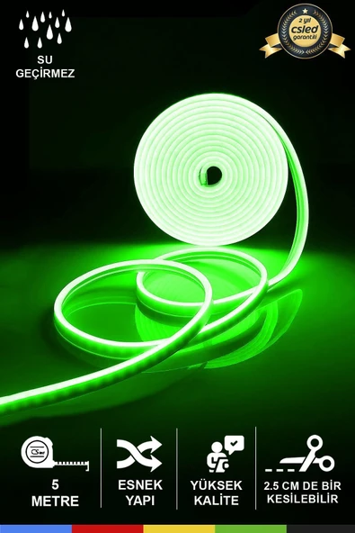 CSled  12V İç ve Dış Mekan Yeşil Neon LED Şerit – 5 Metre Esnek Silikon Neon  (2.5 Cm’de Bir Kesilebilir)