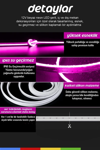 CSled  12V İç ve Dış Mekan Pembe Neon LED Şerit – 5 Metre Esnek Silikon Neon  (1 cm’de Bir Kesilebilir) - 2