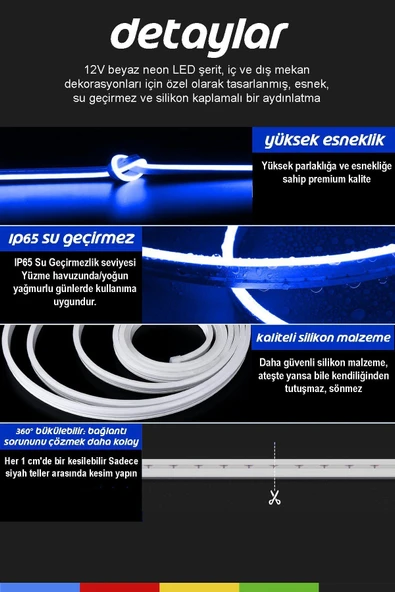 CSled  12V İç ve Dış Mekan Mavi Neon LED Şerit – 5 Metre Esnek Silikon Neon Işık, (1 cm’de Bir Kesilebilir) - 2