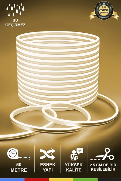 CSled  12V İç ve Dış Mekan Gün Işığı Neon LED – 50 Metre Esnek Silikon Neon  (2.5 Cm’de Bir Kesilebilir)