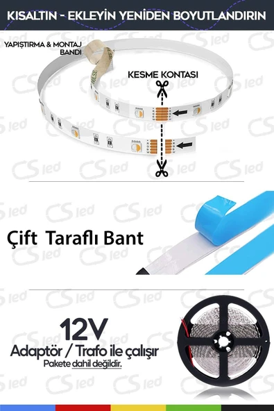CSled  12V İç Mekan M/60 5050 Mavi LED Şerit – 5 Metre, Kesilebilir ve Eklenebilir - 4