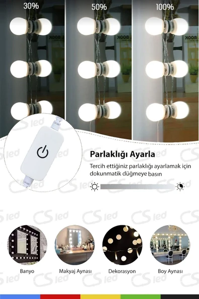 CSled  USB Girişli Hollywood Tarzı 10'lu LED Işık – Makyaj Masası Dekoratif Aydınlatma - 2