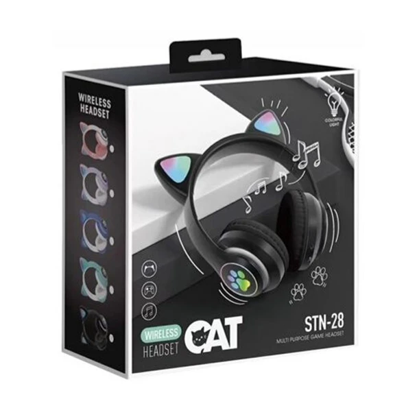 Cat Stn-28 Pro Sevimli Kedi Kulaklı LED Işıklı Katlanabilir Kablosuz Kulaküstü Bluetooth Kulaklık (Siyah) - 2