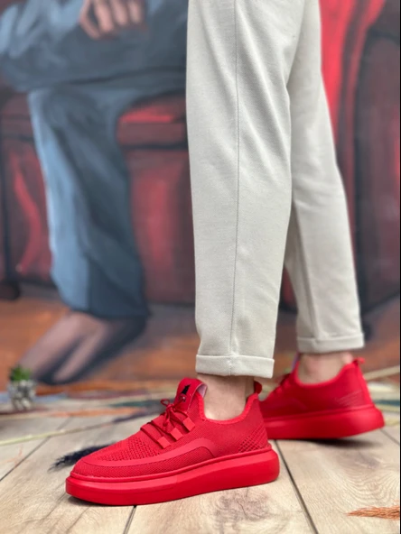 ET0375 Özel Örme Triko Tarz Kırmızı Renk Spor Ayakkabı - Resim 2