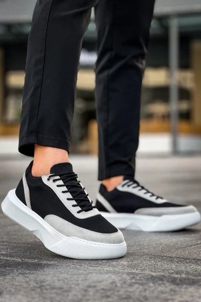 ET0354 Günlük Bağcıklı Erkek Gri Parçalı Siyah Yüksek  Taban Spor Ayakkabı - Resim 2