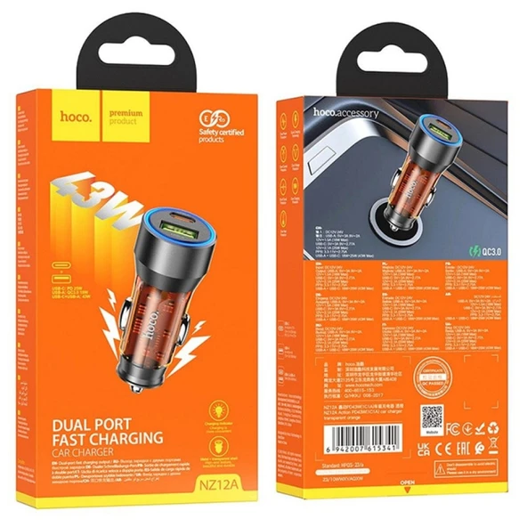 HOCO NZ12A Action PD43W USB + Type-C Hızlı Şarj Araç Çakmaklı Şarj Aleti (Siyah) - 7