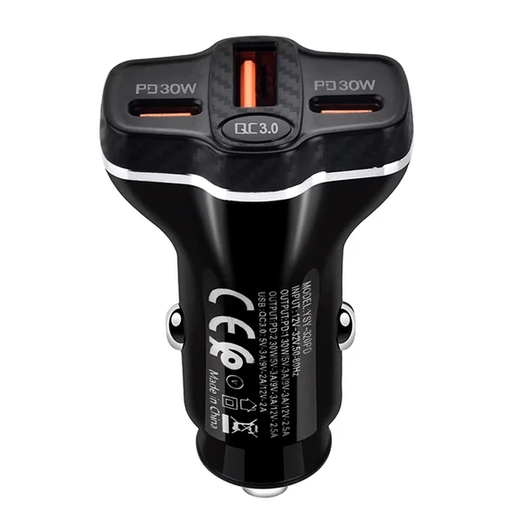 PD62 2xType-C + USB 78W Araç Çakmaklık Hızlı Şarj Aleti Araç Şarjı (Siyah) - 3