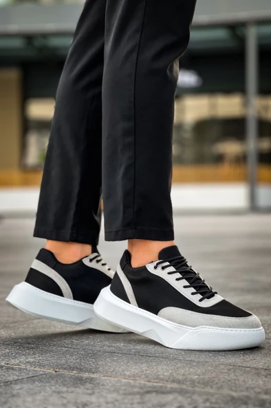 ET0354 Günlük Bağcıklı Erkek Gri Parçalı Siyah Yüksek  Taban Spor Ayakkabı - Resim 4