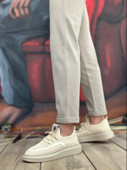 ET0375 Özel Örme Triko Tarz Krem Renk Spor Ayakkabı - Resim 2